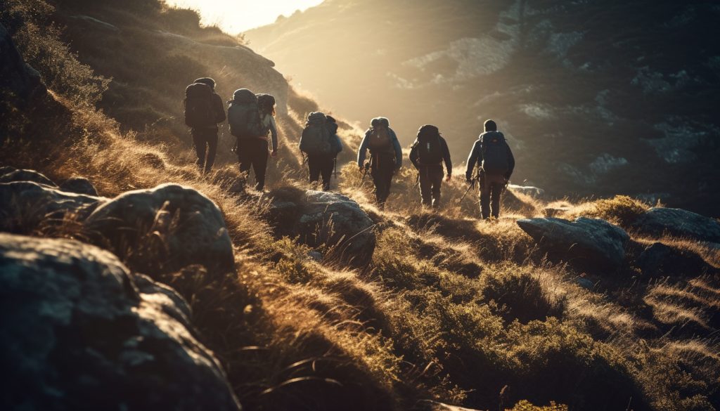 Groupe de professionnels en randonnée au lever du jour, illustrant la Rando-Formation pour dirigeants et cadres sous pression